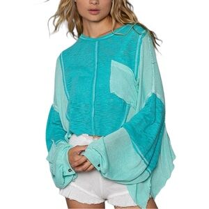 Women's Aqua Oversized Balloon Sleeve Slub Knit Top NWT